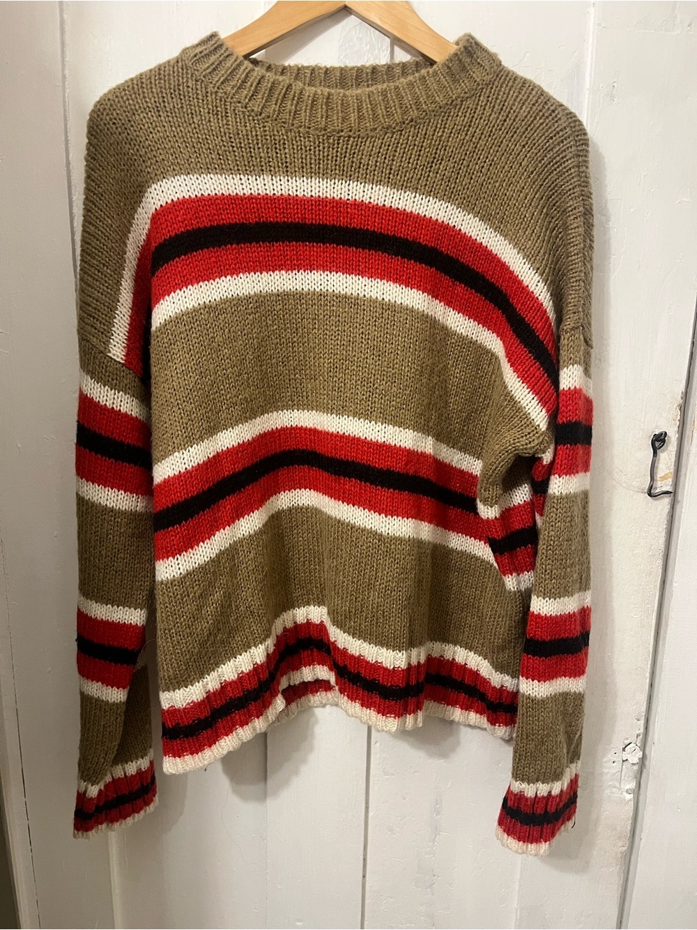 Urban Outfitters Olive Striped Crewneck Sweater with Red, Black & Cream